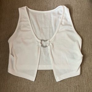 White low cut crop top with rhinestone heart accessory